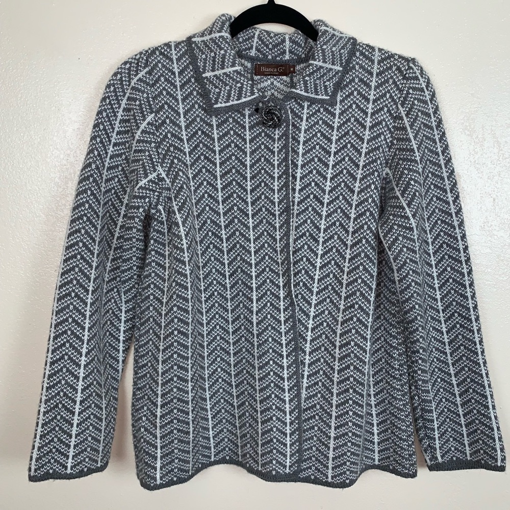 Bianca G wool blend grey white sweater cardigan